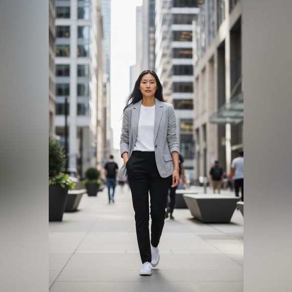 Jessica Jackets & Blazers - Jessica Gray & White Seersucker Stripe Blazer Jacket Stretch Cotton Size M